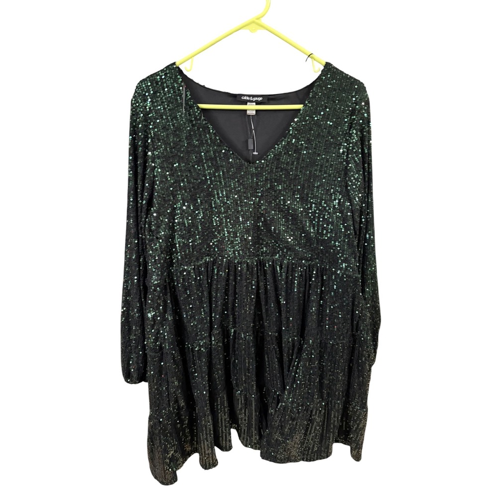 Cable & Gauge Women XL Emerald Green Sequin V-Neck Tiered Babydoll Tunic Top NWT